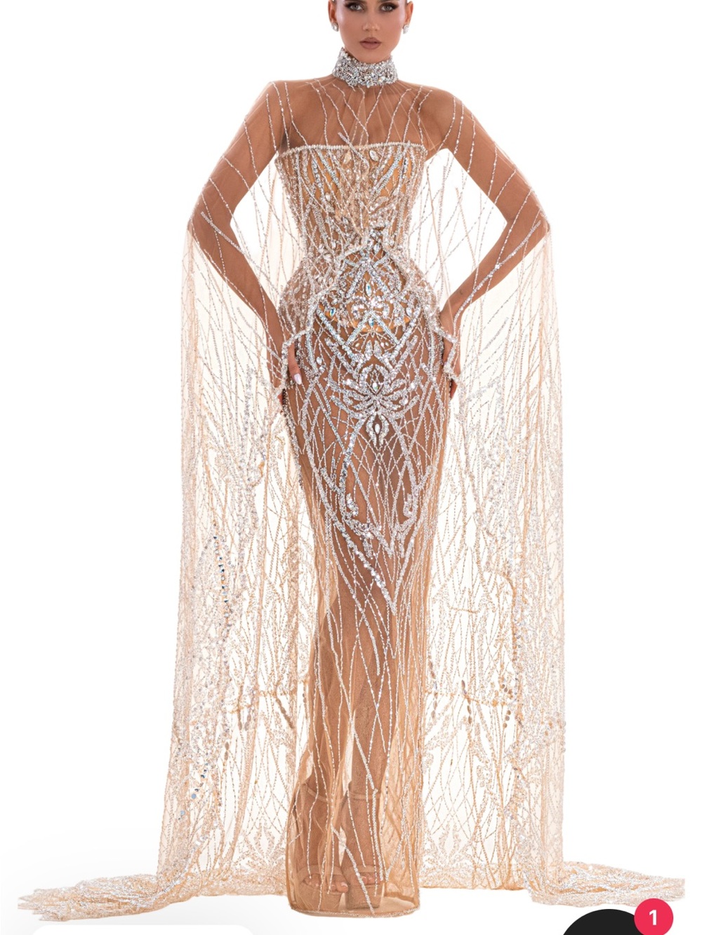 Elegant Nude Beaded Evening Gown with Sheer Cape